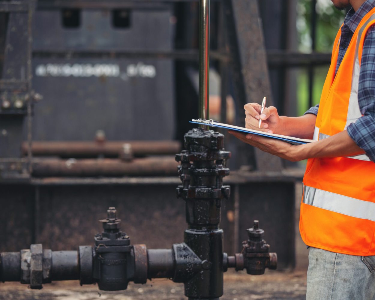 Workers standing and checking beside working oil pumps.